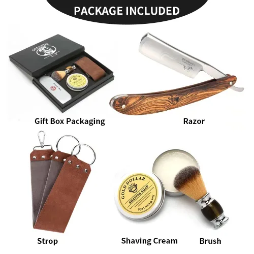 Miniatura 6 de Maquinilla de afeitar recta con mango de madera listo para peluquería de hombres, kit de afeitar de borde recto, maquinilla de afeitar profesional