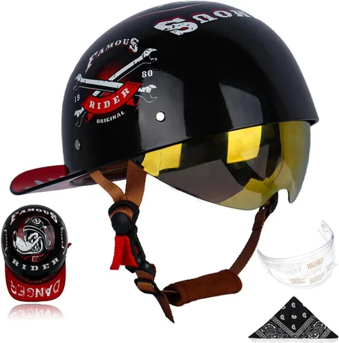 Miniatura 15 de Gorra de béisbol para motocicleta, 3 unidades, aprobado por DOT, estilo vintage, cara abierta, unisex, para adultos, medios cascos de doble lente