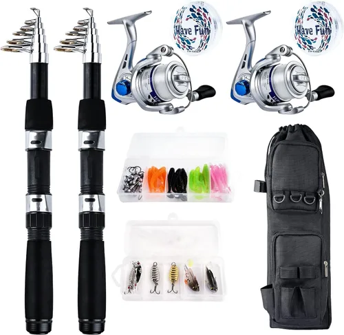 Kit de carrete de caña de pescar telescópica, 2 piezas de 6.89 pies, carrete de caña giratoria plegable, combo de señuelos de pesca compactos,