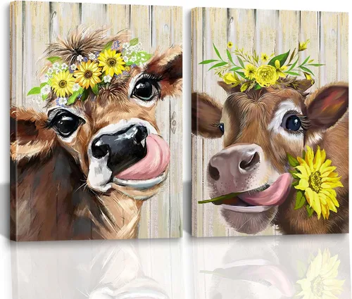 Lienzo decorativo para pared, 2 piezas de vaca campestre con flores, girasol, lienzo, cuadros, rústico, lindo y humorístico, estampado de vaca