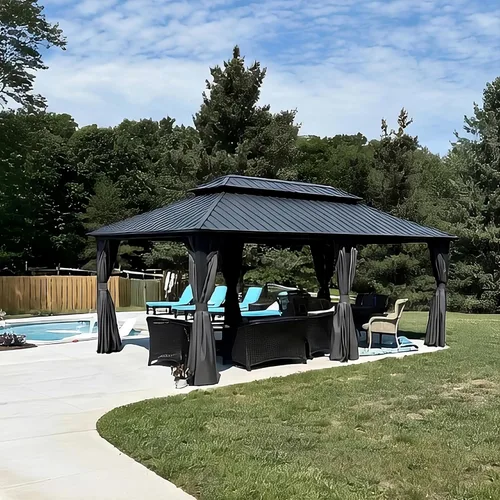 Miniatura 41 de PURPLE LEAF Glorieta de 6' X 8' con techo rígido para parrilla de patio, glorieta de barbacoa de aluminio con toldo, 24 bombillas LED transparentes