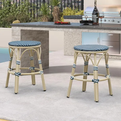 Miniatura 30 de PURPLE LEAF - Juego de 2 taburetes de bar franceses con acabado de bambú impreso, taburetes de bar de ratán para patio con respaldo, sillas de bar