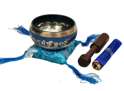 Cuenco tibetano, de Dharma, con diseño tibetano tradicional, con bandera tibetana de oración budista, fabricado a mano en Nepal, Azul
