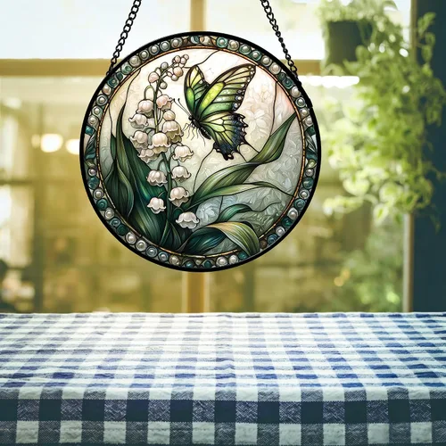 Miniatura 6 de DASTOLL Colgante de vidrio emplomado para ventana, diseño de lirio del valle, mariposa, atrapasol para puertas, hogar, atrapasoles decoración