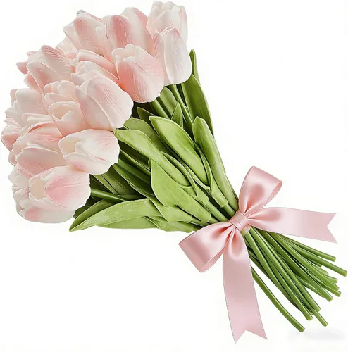 Miniatura 2 de Ramo de tulipanes artificiales para novia, boda, festival, ramo de flores de poliuretano de tacto real, paquete de 20 (rosa claro)