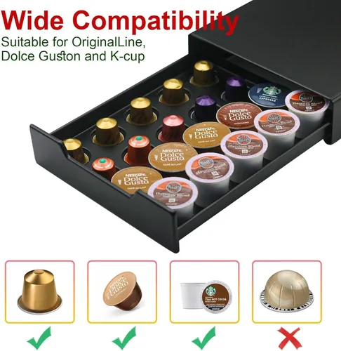 Miniatura 6 de K Cup - Cajón para cápsulas de café, organizador de 20 capacidades, almacenamiento para Nespresso Originaline y Dolce Gusto, color negro