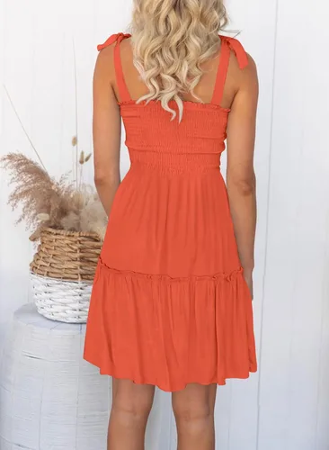 Miniatura 6 de MUXERI Women's Bohemian Solid Color Spaghetti Straps Shirred Square Neck Swing A Line Beach Mini Dress