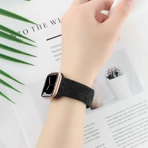 Miniatura 5 de Correa de silicona grabada con flores compatible con correas de Apple Watch de 1.496 pulgadas, 1.575 pulgadas, 1.614 pulgadas, bonita correa Negro