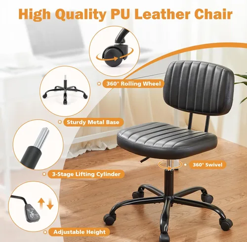 Miniatura 5 de Sweetcrispy Silla pequeña de escritorio de oficina, piel sintética sin brazos con cómodo soporte lumbar, altura ajustable para no tener brazos