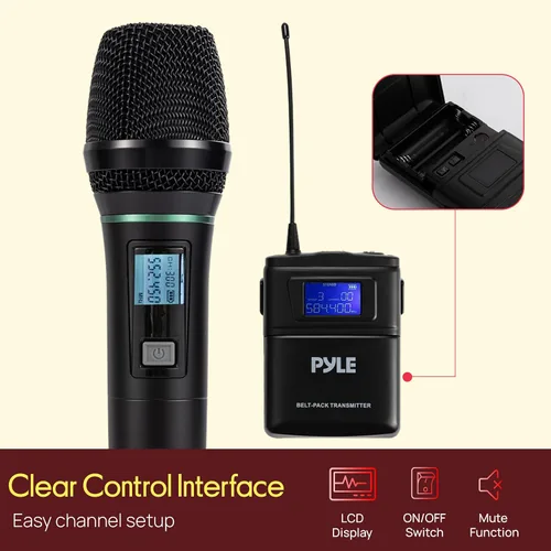 Miniatura 6 de Pyle Sistema de micrófono inalámbrico UHF de 4 canales con 2 micrófonos de mano, 2 Lavalier 2 auriculares y transmisores de cinturón, rango de 300