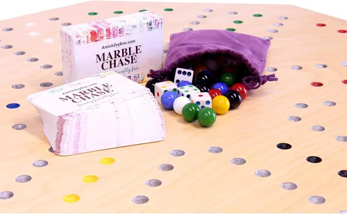 Miniatura 5 de Marble Chase (Cards N' Marbles) Juego de madera – Tablero de doble cara de 23 pulgadas de ancho – Incluye cartas y canicas