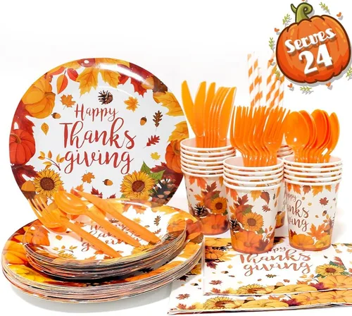 Miniatura 3 de Decoraciones de fiesta de otoño: juego de platos y servilletas de papel de Acción de Gracias para 24, sirve vajilla de Acción de Gracias