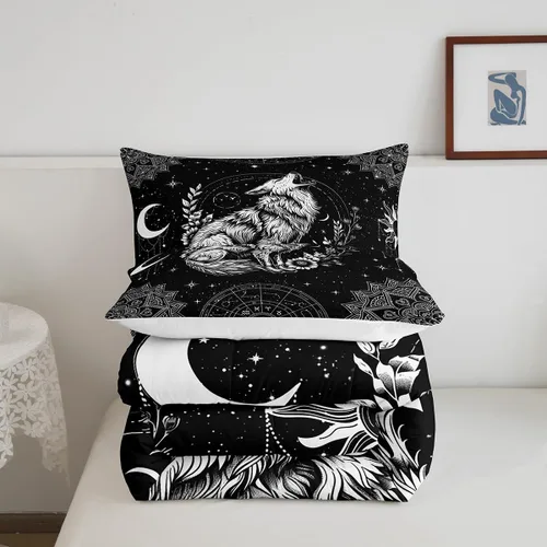 Miniatura 4 de Castle Fairy Juego de edredón tamaño twin con lobo, animales salvajes y plantas, exótico, bohemio, loto misterioso, colección de cama suave