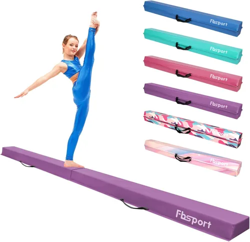 FBSPORT Viga de Equilibrio de 8/10 Pies: Equipo de Gimnasia de Piso Plegable de Cuero PU para Niños y Adultos, Base de Goma Antideslizante, Viga de