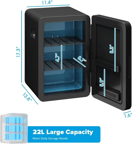 Miniatura 9 de Kikihouse Mini refrigerador de 22L/30 latas para dormitorio, enfriador y calentador portátil de 12 V CC, mini refrigerador con frente de vidrio
