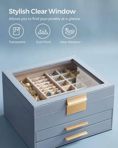 Miniatura 4 de SONGMICS Joyero con tapa de vidrio, organizador de joyas de 3 capas, 2 cajones, para joyas grandes y pequeñas, almacenamiento de joyas