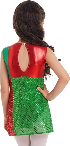 Miniatura 5 de JEATHA Vestido de leotardo de lentejuelas metálicas brillantes para niños y niñas, diseño de bloques de color a rayas, con lazo