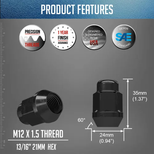 Miniatura 3 de Wheel Accessories Parts 20 piezas M12x1.5 12x1.5 rosca Bulge Bellota 1.38 pulgadas 1.378 in largo tuercas negras 13/16 pulgadas 0.827 in hexagonales
