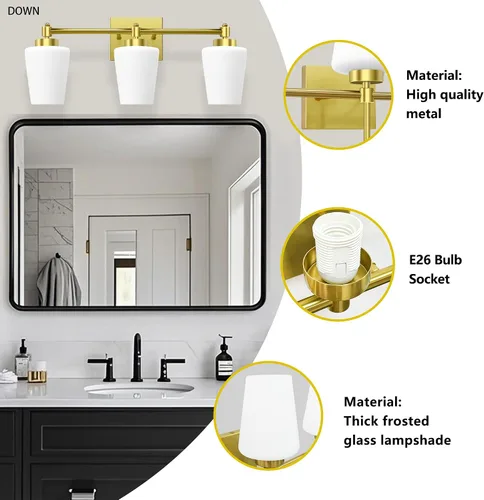 Miniatura 5 de Lámpara de baño de latón cepillado, 3 luces de 24 pulgadas, aplique de pared moderno con pantalla de vidrio para sobre el espejo, clasificación