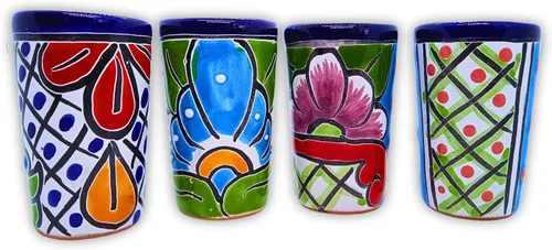Miniatura 9 de Juego de 4 vasos de chupito Talavera - Pintados a mano - 2 Oz (azul con verde)