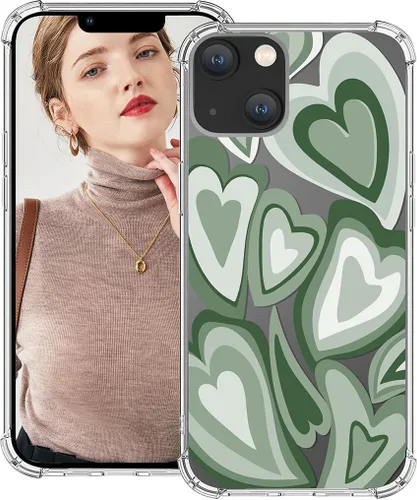 Funda compatible con iPhone 15, diseño de kawaii, diseño femenino femenino para mujeres y niñas, diseño abstracto de corazón verde