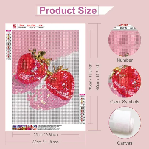 Miniatura 2 de RYMILIE Kits de pintura artística de diamante rosa para adultos, pintura de puntos de diamante de fresa para principiantes, pintura redonda 5D