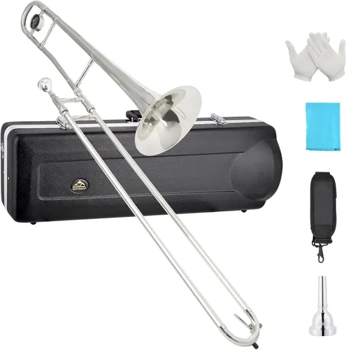 Miniatura 6 de EASTROCK Trombón tenor de deslizamiento Bb de latón Instrumento musical con estuche duro, boquilla, guantes, paño de limpieza para estudiantes