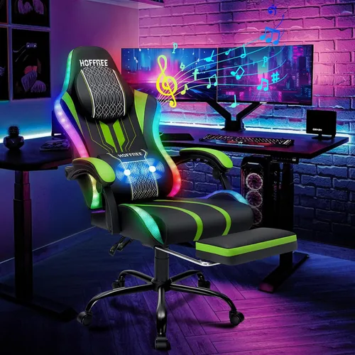 Miniatura 13 de HOFFREE Silla LED para juegos con altavoces, silla de computadora grande y alta con luces RGB, silla de juego Bluetooth con reposapiés, sillas