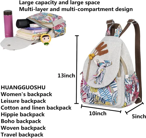 Miniatura 185 de HUANGGUOSHU Mochila de algodón tejida de algodón bohemio con bordado de lona estilo bohemio con múltiples bolsillos retro linda mochila cartera