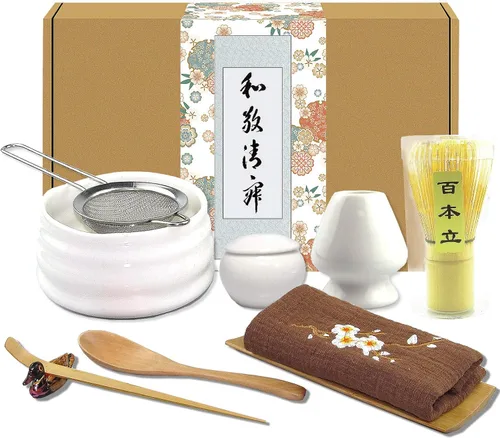 Miniatura 8 de Artcome Juego de té matcha japonés de 10 piezas, cuenco matcha, batidor, cuchara, paño, soporte de bambú, organizador de polvo, colador (negro)