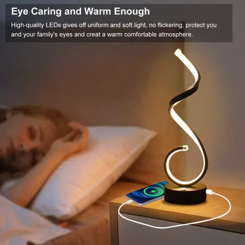 Miniatura 5 de Juego de 2 lámparas de mesa LED en espiral modernas, lámpara de mesa de control táctil de 10 W con puertos de carga USB, regulable, 3 modos de Negro