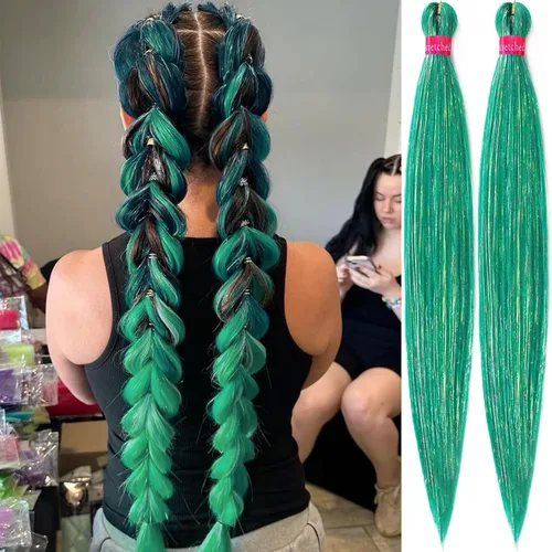 Miniatura 45 de Cabello trenzado verde con lentejuelas de 26 pulgadas, preestirado, trenzas de textura Yaki, extensiones de cabello pre plumadas, 3 paquetes, fácil