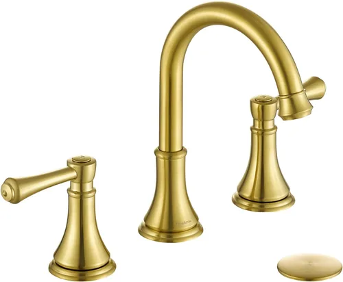 TimeArrow Grifo de fregadero de baño de oro cepillado de 8 pulgadas generalizado con drenaje emergente de 3 agujeros, grifo moderno de 2 asas para