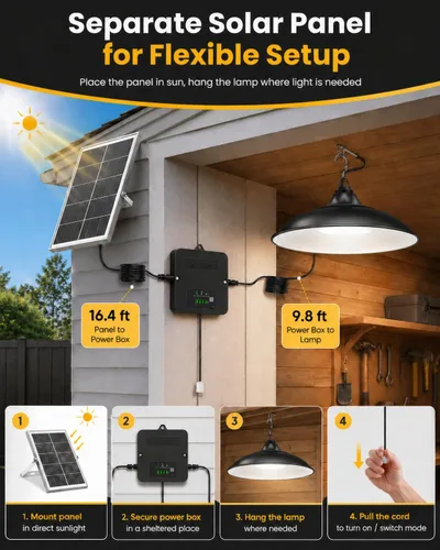 Miniatura 5 de Luz Solar de Cobertizo Interior Exterior, Luz Colgante Solar 2000LM Disponible Durante el Día con Pantalla de Batería, Luces Solares Impermeables