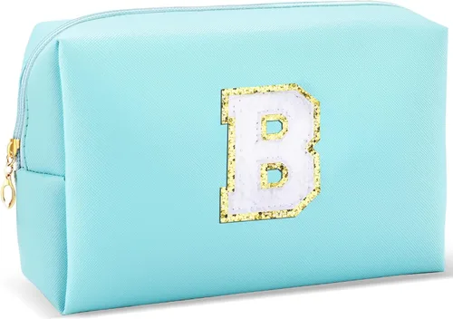 Miniatura 16 de URSKYTOUS Regalos para niñas, bolsa de maquillaje con inicial, bolsa de cosméticos personalizada con cremallera, bonita bolsa de aseo de viaje, Azul