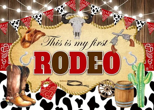 Miniatura 2 de This is My First Rodeo - Telón de fondo de madera de vaquero occidental, estampado de vaca, fondo de cumpleaños, decoración de fiesta de primer