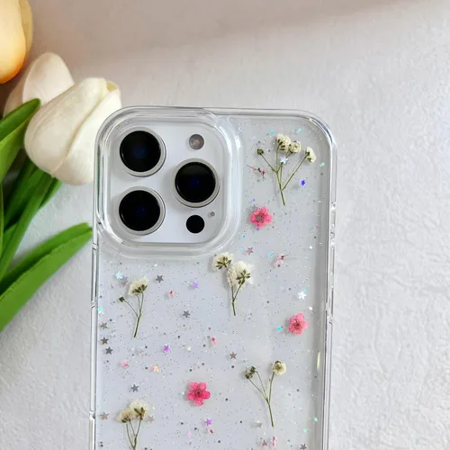 Miniatura 4 de LSEEKA Funda transparente para iPhone 16 Pro Max con diseño de flores reales presionadas, patrón floral rosa brillante y lindo, funda protectora