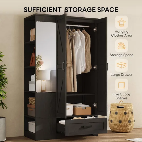 Miniatura 3 de LIKIMIO Armario Armario de 70 pulgadas, gran almacenamiento con espejo, 2 puertas, cajón y estantes, moderno dormitorio independiente de madera Negro