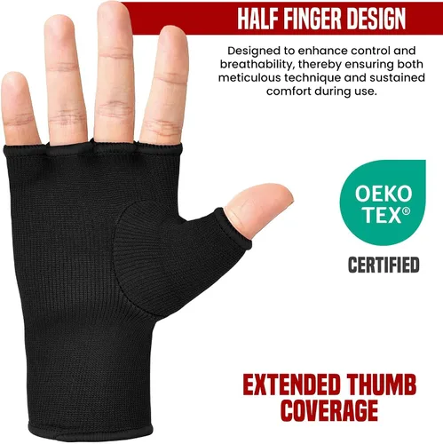 Miniatura 5 de RDX Guantes de mano para boxeo, guantes internos para hombres y mujeres, vendas elásticas de medio dedo, protección para los puños debajo