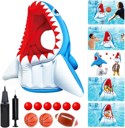 Juguetes de juego de piscina, flotadores de piscina, juguetes de agua de tiburón | 3 en 1 inflables de baloncesto y juegos de pelota de fútbol y aro
