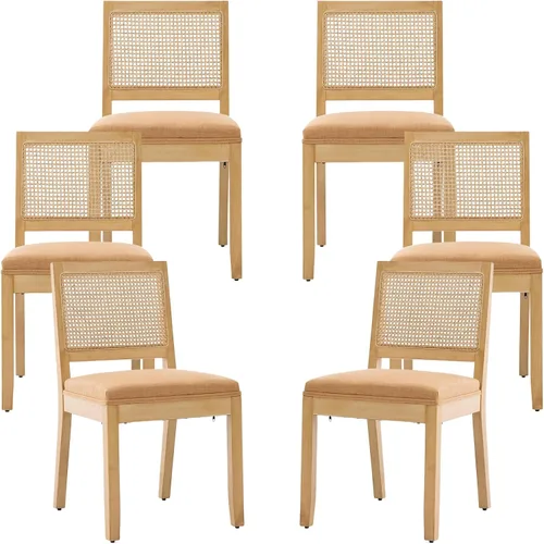 Miniatura 41 de Juego de 2 sillas de comedor de campo francés, sillas de comedor de madera de granja beige, silla de comedor con respaldo tejido con cojín tapizado
