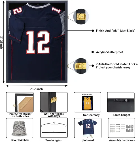 Miniatura 3 de IHEIPYE Marco Expositor de Camisetas con Cerradura, Caja de Sombra Grande para Camisetas Deportivas con Protección UV del 98% Acrílico y Colgador
