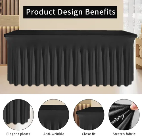 Miniatura 3 de Falda de mesa negra, de elastano, sin arrugas, 6 pies, mantel elástico ajustable lavable para mesas rectangulares para bodas, banquetes, fiestas