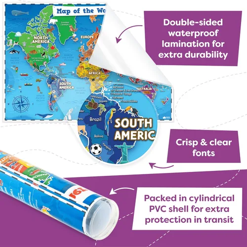 Miniatura 3 de Momo & Nashi Mapa de Estados Unidos para niños y mapas del mundo para niños, juego de 2 piezas – 24 x 16 pulgadas – Carteles impermeables para aula
