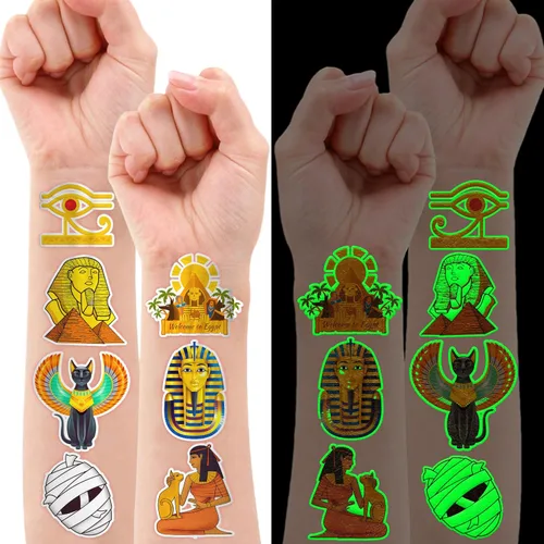 Miniatura 2 de 96 piezas de tatuajes temporales precortados del antiguo Egipto que brillan en la oscuridad, decoración de fiesta de cumpleaños, suministros