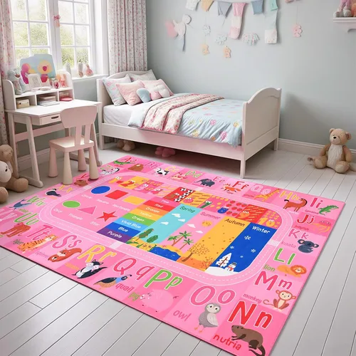 Miniatura 2 de Alfombra Rosa para Niños para Sala de Juegos y Aula, Alfombras de Juego con Alfabeto ABC y Números para Niños Pequeños, Tapete Educativo