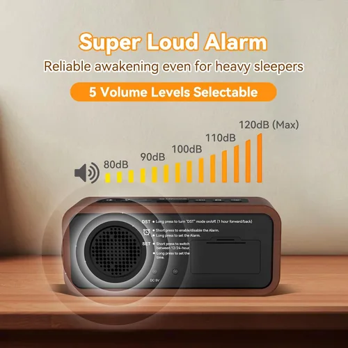 Miniatura 3 de Alarm Clock Loud for Deep Sleepers, Wooden Alarm Clock with LED Display, 12 Alarm Ringtones, 5 Brightness Adjustable, 5 Volumes, Manual DST, Brown