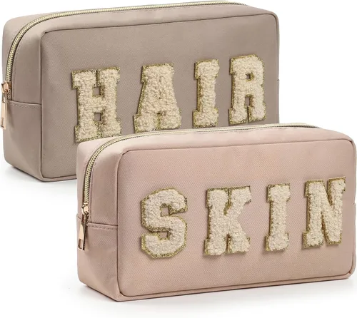 Bolsas de maquillaje Preppy de chenilla, bolsa de nailon para cosméticos con cremallera, para mujer, artículos de tocador de viaje, albaricoque