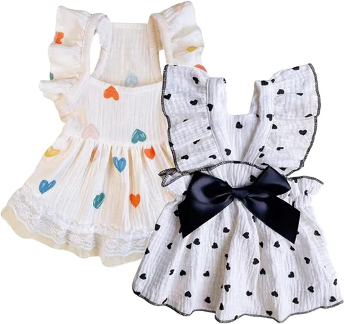 Miniatura 10 de QWINEE Vestido con estampado de corazón para perro y gato, decoración de lazo, lindo vestido de tutú para cachorro, falda tutú para chihuahua, Rosa