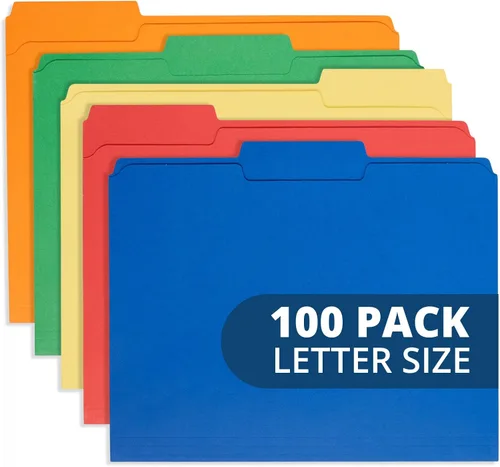 100 carpetas de archivos de colores Blue Summit Supplies tamaño carta con pestañas de corte de 1/3, carpetas de colores surtidos, papel duradero de